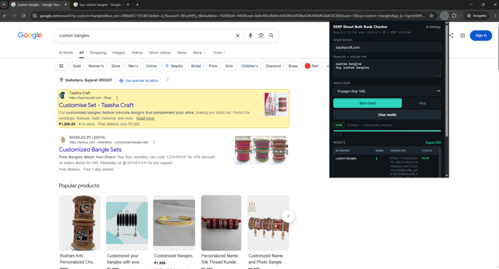 SERP Shout's bulk rank checker extension demo